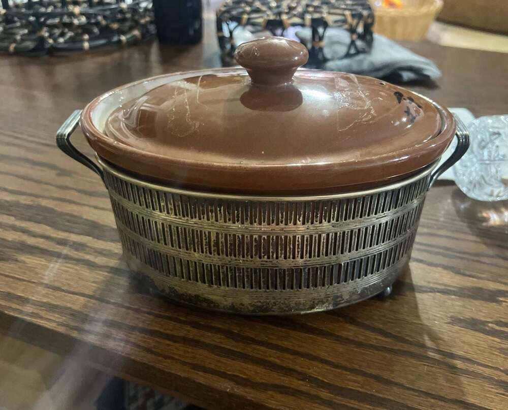 Vintage Sheridan Silverplate Pierced Casserole Holder with Brown Ceramic Dish
